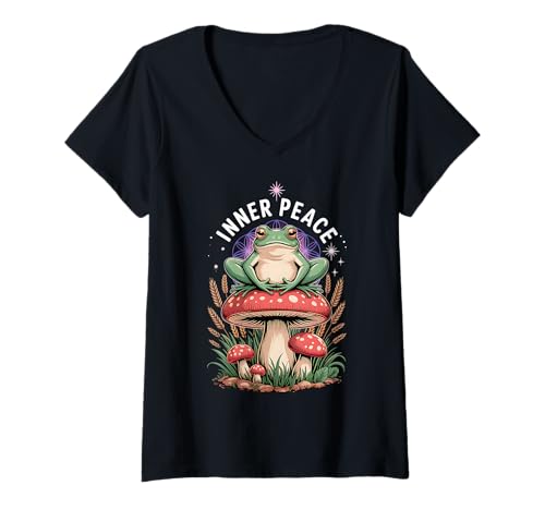 Damen Achtsamkeit Frosch Pilz Meditation Spirituelles Zen T-Shirt mit V-Ausschnitt Damen Achtsamkeit Frosch Pilz Meditation Spirituelles Zen T-Shirt mit V-Ausschnitt von Chill Frog Meditation Forest Vibes