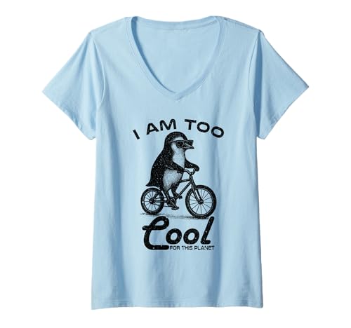 Damen Too Cool for This Planet Pinguin Vintage Bicycle Animal T-Shirt mit V-Ausschnitt Damen Too Cool for This Planet Pinguin Vintage Bicycle Animal T-Shirt mit V-Ausschnitt von Chill Penguin Co. by Retro Animal Tees