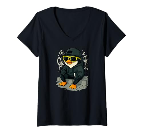 Damen Chill Pinguin in Hoodie und Sonnenbrille Cool Vibes T-Shirt mit V-Ausschnitt Damen Chill Pinguin in Hoodie und Sonnenbrille Cool Vibes T-Shirt mit V-Ausschnitt von Chill Penguin Streetwear Vibe Casual Wear