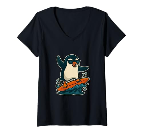 Damen Lustiger Surf-Pinguin reitet Coole Ozeanwellen T-Shirt mit V-Ausschnitt Damen Lustiger Surf-Pinguin reitet Coole Ozeanwellen T-Shirt mit V-Ausschnitt von Chill Surf Vibes Apparel Co.