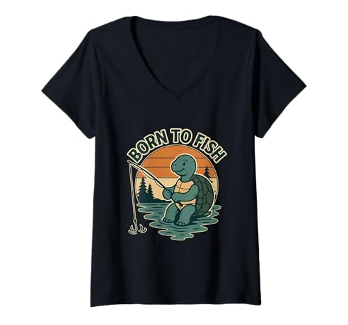 Damen Lustige Schildkrötenfischerei Retro Sonnenuntergang Humor Kunst T-Shirt mit V-Ausschnitt Damen Lustige Schildkrötenfischerei Retro Sonnenuntergang Humor Kunst T-Shirt mit V-Ausschnitt von Chill Turtle Angler Vintage Outdoor Style