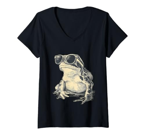 Damen Funky Vintage Retro Frosch mit Schatten T-Shirt mit V-Ausschnitt Damen Funky Vintage Retro Frosch mit Schatten T-Shirt mit V-Ausschnitt von Chill Vibes Amphibian Style Co.