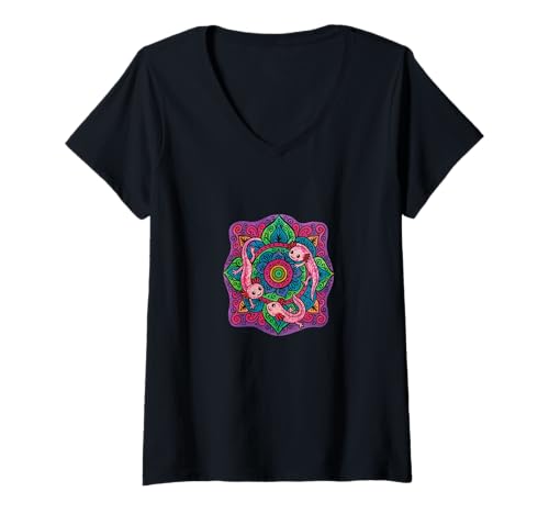 Damen Buntes Axolotl-Mandala-Design für Tierliebhaber T-Shirt mit V-Ausschnitt Damen Buntes Axolotl-Mandala-Design für Tierliebhaber T-Shirt mit V-Ausschnitt von Chill Vibes Mandala