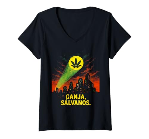 Damen Cannabis Skyline Shirt mit Spotlight und Hanfblatt T-Shirt mit V-Ausschnitt Damen Cannabis Skyline Shirt mit Spotlight und Hanfblatt T-Shirt mit V-Ausschnitt von Chill relaxed vibes Collective Retro T-Shirt