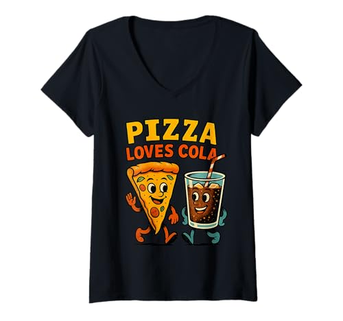 Damen Pizzascheibe und Limonadenbecher - Retro Cartoon Food Friends T-Shirt mit V-Ausschnitt Damen Pizzascheibe und Limonadenbecher - Retro Cartoon Food Friends T-Shirt mit V-Ausschnitt von Chill relaxed vibes Collective Retro T-Shirt