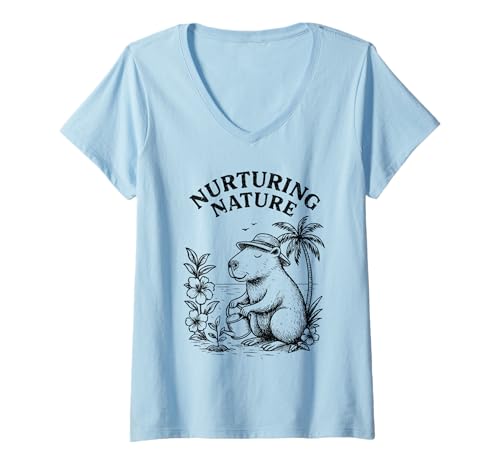 Damen Nährende Natur, Retro-Wasserschweinchen, Gartenhumor T-Shirt mit V-Ausschnitt von ChillCritter Funny Plant Lover Tees