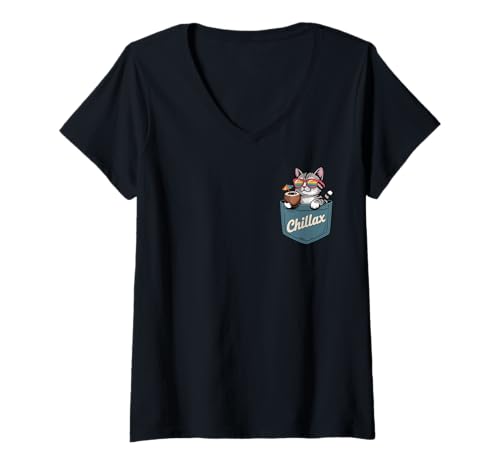 Damen Coole Katze in Sonnenbrille mit Kokosnussgetränk und Chillax-Tasche T-Shirt mit V-Ausschnitt Damen Coole Katze in Sonnenbrille mit Kokosnussgetränk und Chillax-Tasche T-Shirt mit V-Ausschnitt von Chillax Cat Tropical Pocket Graphic Tees