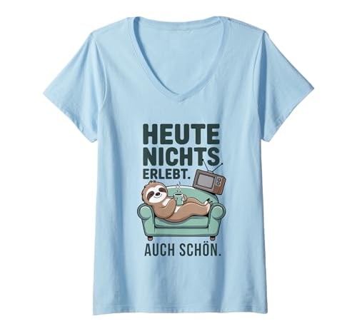 Damen Heute Nichts erlebt – Faultier Motiv mit Sofa T-Shirt mit V-Ausschnitt Damen Heute Nichts erlebt – Faultier Motiv mit Sofa T-Shirt mit V-Ausschnitt von Chilliges Statement für faule Tage