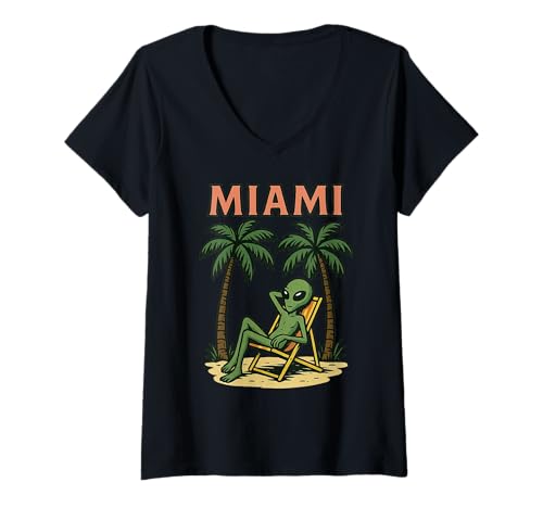Damen Lustiger, chilliger Alien-Sommerurlaub in Miami Beach T-Shirt mit V-Ausschnitt Damen Lustiger, chilliger Alien-Sommerurlaub in Miami Beach T-Shirt mit V-Ausschnitt von Chillin' Alien Traveler Tropical Beach Design