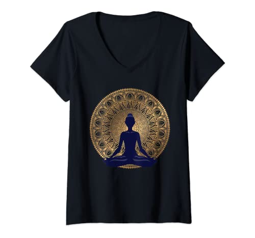Damen Classy Mood Lotusblume Mandala Yoga Meditation Grafik T-Shirt mit V-Ausschnitt von Chilling Vibes