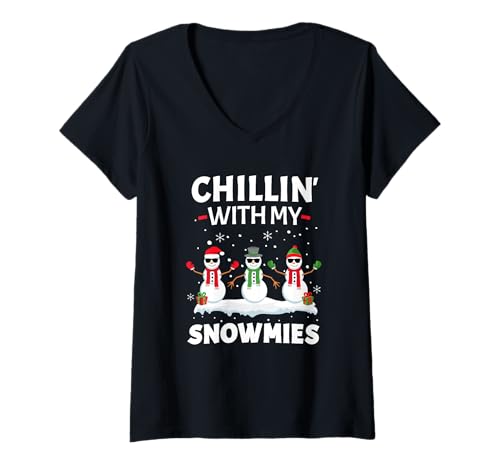 Damen Chillin with My Snowmies Shirt hristmas Squad Crew Schneemann T-Shirt mit V-Ausschnitt von Chilling With My Snowmies Shirt Christmas Xmas Tee