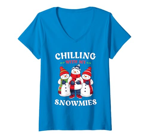 Damen Christmas Squad Crew Schneemann Chillin with My Snowmies 2025 T-Shirt mit V-Ausschnitt von Chilling With My Snowmies Shirt Christmas Xmas Tee