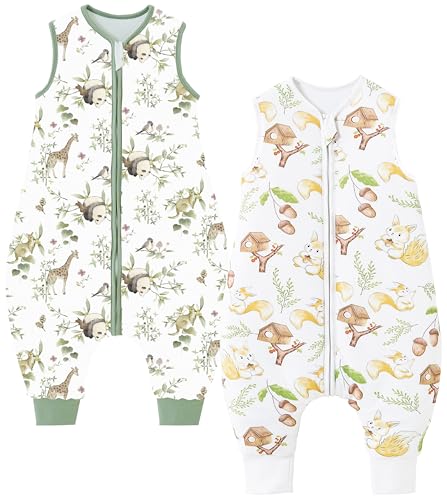 Chilsuessy Baby Schlafsack mit Füße 2er Pack 2.5 Tog Ganzjahres Schlafsack Baby Schlafsäcke Babyschlafsack mit Beinen für Säugling Kinder, 2.5 Tog/Eichhörnchen + Giraffe, 70cm/Baby Höhe 80-90cm von Chilsuessy