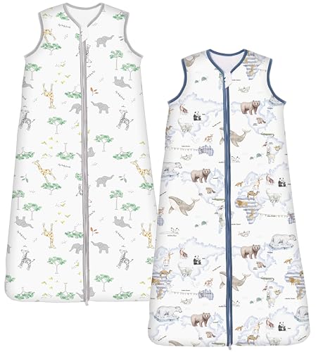 Chilsuessy Schlafsack Baby 2er Pack 2.5 Tog Winterschlafsack Babyschlafsack aus Baumwolle Winter Schlafanzug ohne Ärmel für Kinder, Giraffe Wald + Tier Karte, 130cm/Baby Höhe 120-140cm von Chilsuessy