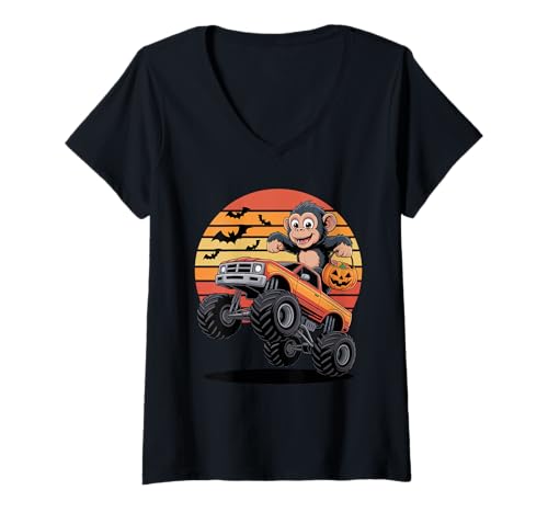 Damen Halloween Monstertruck Schimpanse T-Shirt mit V-Ausschnitt Damen Halloween Monstertruck Schimpanse T-Shirt mit V-Ausschnitt von Chimpanzee Lover Gifts
