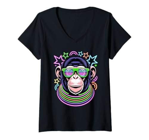 Damen Party Schimpanse Sonnenbrille Schimpansen T-Shirt mit V-Ausschnitt von Chimpanzee Lover Gifts