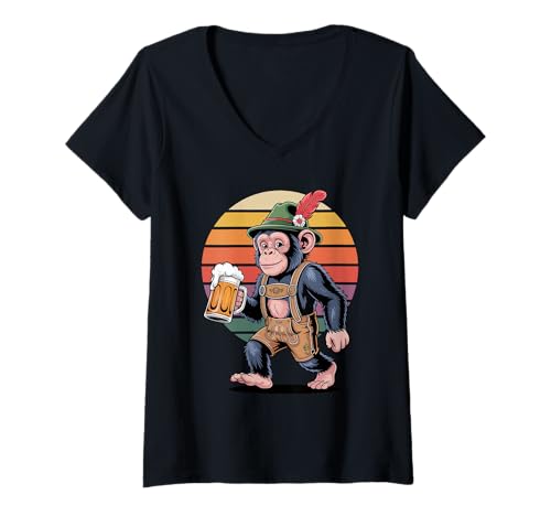 Damen Retro Schimpanse Bier Trinkend Schimpansen T-Shirt mit V-Ausschnitt Damen Retro Schimpanse Bier Trinkend Schimpansen T-Shirt mit V-Ausschnitt von Chimpanzee Lover Gifts