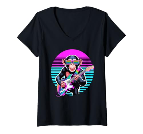 Damen Retro Schimpanse Gitarrist Schimpansen Gitarre T-Shirt mit V-Ausschnitt Damen Retro Schimpanse Gitarrist Schimpansen Gitarre T-Shirt mit V-Ausschnitt von Chimpanzee Lover Gifts