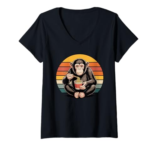 Damen Retro Schimpanse Instant Cup Nudeln Schimpansen T-Shirt mit V-Ausschnitt Damen Retro Schimpanse Instant Cup Nudeln Schimpansen T-Shirt mit V-Ausschnitt von Chimpanzee Lover Gifts
