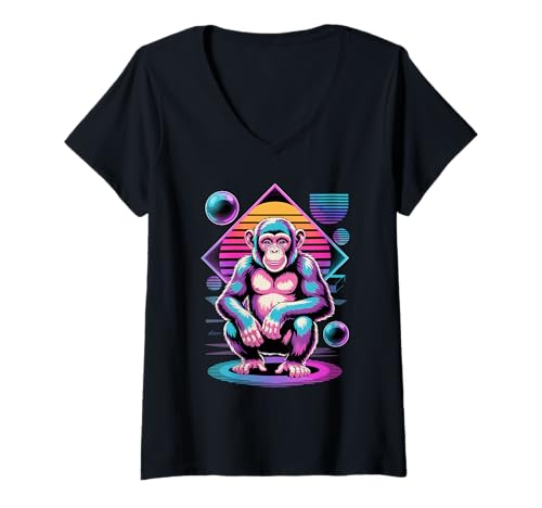 Damen Retro Synthwave Schimpanse Schimpansen T-Shirt mit V-Ausschnitt Damen Retro Synthwave Schimpanse Schimpansen T-Shirt mit V-Ausschnitt von Chimpanzee Lover Gifts