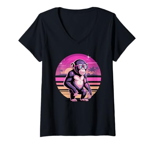 Damen Retro Synthwave Schimpanse Sonnenbrille Schimpansen T-Shirt mit V-Ausschnitt Damen Retro Synthwave Schimpanse Sonnenbrille Schimpansen T-Shirt mit V-Ausschnitt von Chimpanzee Lover Gifts