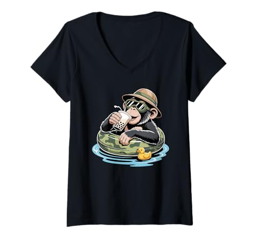 Damen Schimpanse Boba Perle Milchtee Schimpansen T-Shirt mit V-Ausschnitt Damen Schimpanse Boba Perle Milchtee Schimpansen T-Shirt mit V-Ausschnitt von Chimpanzee Lover Gifts