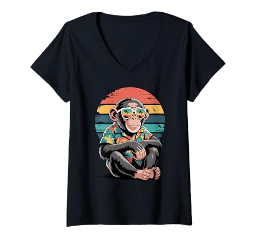 Damen Schimpanse Sonnenbrille Hawaiianischer Strand Sommerurlaub T-Shirt mit V-Ausschnitt Damen Schimpanse Sonnenbrille Hawaiianischer Strand Sommerurlaub T-Shirt mit V-Ausschnitt von Chimpanzee Lover Gifts