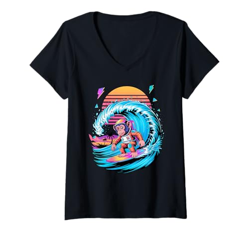 Damen Synthwave Surfer Schimpanse Astronaut Schimpansen T-Shirt mit V-Ausschnitt Damen Synthwave Surfer Schimpanse Astronaut Schimpansen T-Shirt mit V-Ausschnitt von Chimpanzee Lover Gifts