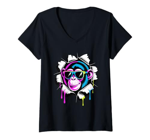 Damen Torn Paper Effect Schimpanse Sonnenbrille Schimpansen T-Shirt mit V-Ausschnitt Damen Torn Paper Effect Schimpanse Sonnenbrille Schimpansen T-Shirt mit V-Ausschnitt von Chimpanzee Lover Gifts