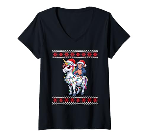 Damen Weihnachten Schimpanse Einhorn Sonnenbrille Schimpansen T-Shirt mit V-Ausschnitt von Chimpanzee Lover Gifts