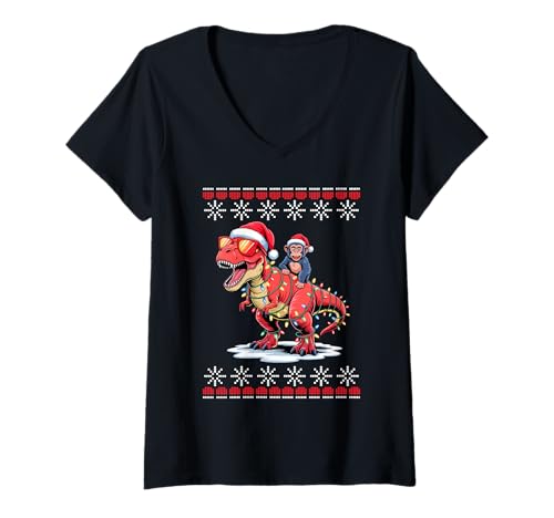 Damen Weihnachten Schimpanse T-Rex Dinosaurier Tyrannosaurus Rex T-Shirt mit V-Ausschnitt Damen Weihnachten Schimpanse T-Rex Dinosaurier Tyrannosaurus Rex T-Shirt mit V-Ausschnitt von Chimpanzee Lover Gifts