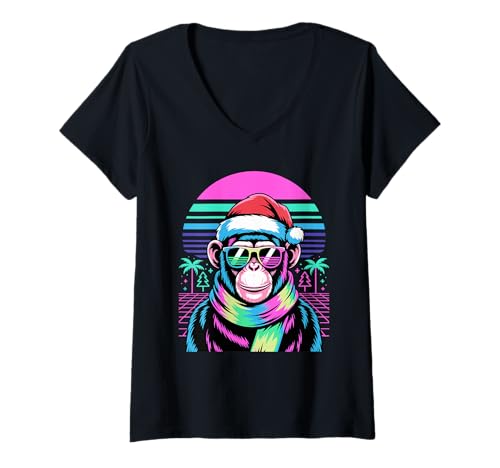 Damen Weihnachten Synthwave Schimpanse Sonnenbrille Schimpansen T-Shirt mit V-Ausschnitt von Chimpanzee Lover Gifts