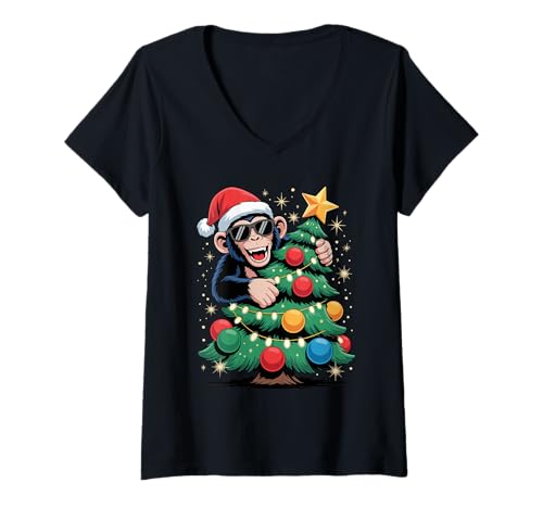 Damen Weihnachtsbaum Schimpanse Sonnenbrille Schimpansen T-Shirt mit V-Ausschnitt von Chimpanzee Lover Gifts