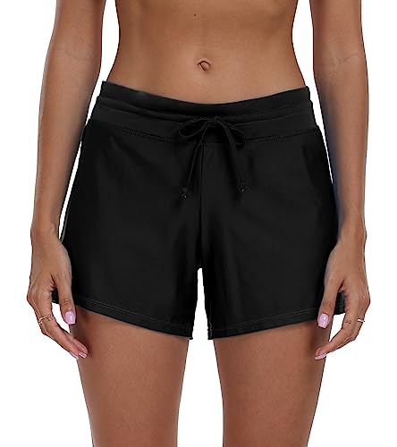 ChinFun Damen Boardshorts Badehose Tankini Schwimmen Badeslip Badeanzug Boardshorts Strandhose mit Futter, Verbesserte Größe, schwarz und Seitentaschen, Medium von ChinFun