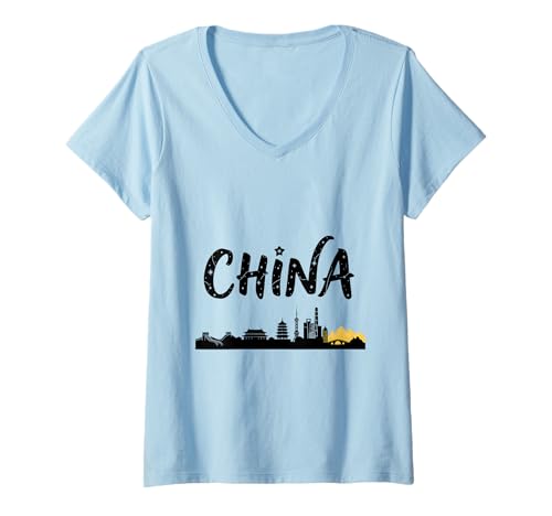Damen China Skyline Reise Urlaub Outfits T-Shirt mit V-Ausschnitt Damen China Skyline Reise Urlaub Outfits T-Shirt mit V-Ausschnitt von China Casual Clothes T-Shirts