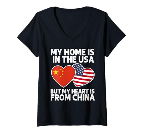 Damen My Home USA My Heart China Chinese American Pride Flagge T-Shirt mit V-Ausschnitt Damen My Home USA My Heart China Chinese American Pride Flagge T-Shirt mit V-Ausschnitt von China Pride Flag Apparel