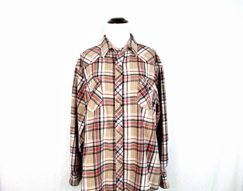 Jahrgang Wrangler Perle Snap Flanell Westlichen Cowboy Shirt Wrancher Von Herren 2x Neutral Karierten Weichen Baumwolle Button Down von ChinaCatVintage