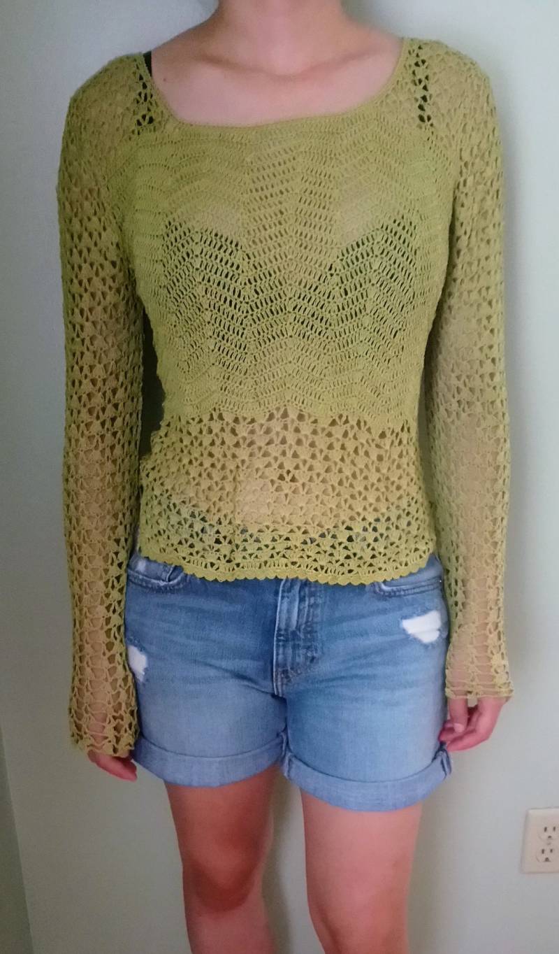 Gehäkelte Tunika/Häkelbluse Mit Ausgestelltem Ärmel Häkeltop Trompetenärmel Häkelshirt von ChinaChicBazaar