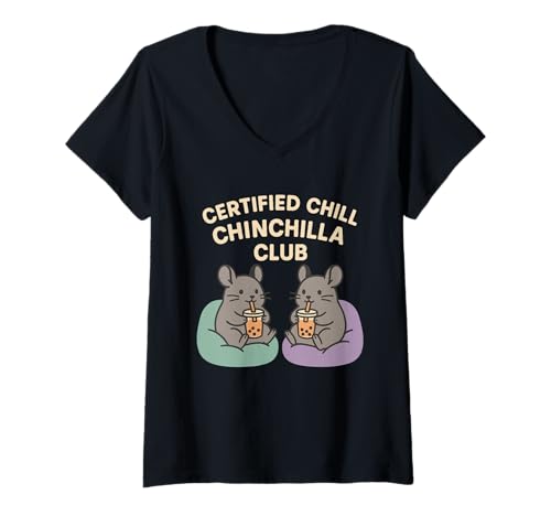 Damen Chinchilla Lustiges Nager Haustier Floofy Tier Kawaii Cute Chill T-Shirt mit V-Ausschnitt von Chinchilla Chill Zone Small Pet Lover Rodent Humor