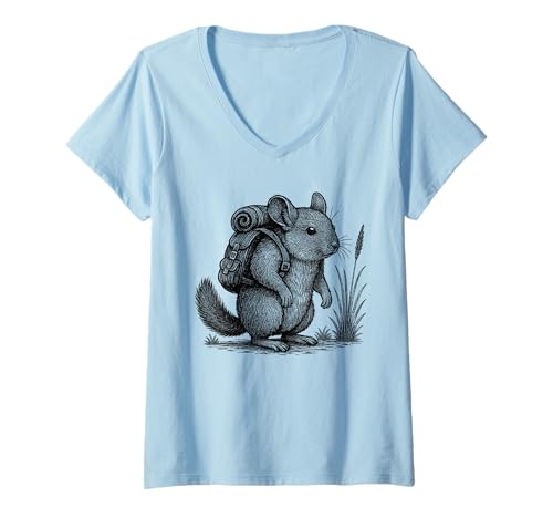Damen Wandern Chinchilla Rucksackreisen Natur Tier Chinchilla Liebhaber T-Shirt mit V-Ausschnitt von Chinchilla Hiker Trekking Hike Merch.