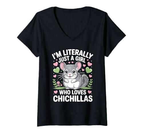 Damen Lustiges Mädchen, das Chinchillas liebt, süße Herzen und Blumen T-Shirt mit V-Ausschnitt Damen Lustiges Mädchen, das Chinchillas liebt, süße Herzen und Blumen T-Shirt mit V-Ausschnitt von ChinchillaVibes