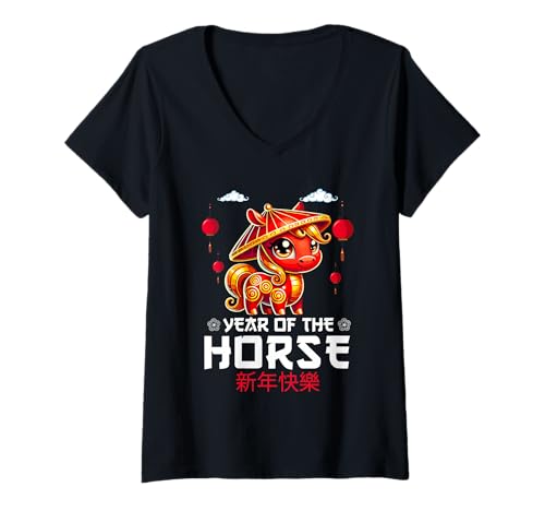 Damen Frohes chinesisches Neujahr 2026 - Jahr des Pferdes 2026 T-Shirt mit V-Ausschnitt Damen Frohes chinesisches Neujahr 2026 - Jahr des Pferdes 2026 T-Shirt mit V-Ausschnitt von Chinese Lunar Horse Apparel Zodiac Collection 2026