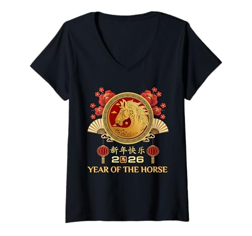 Damen Jahr des Pferdes 2026 Chinesisches Neujahr T-Shirt mit V-Ausschnitt Damen Jahr des Pferdes 2026 Chinesisches Neujahr T-Shirt mit V-Ausschnitt von Chinese New Year 2026 Fire Horse Apparel