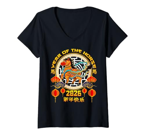 Damen Jahr des Pferdes Kid Chinesisches Neujahr 2026 Mondneujahr T-Shirt mit V-Ausschnitt von Chinese New Year 2026 - Year of the Horse 2026
