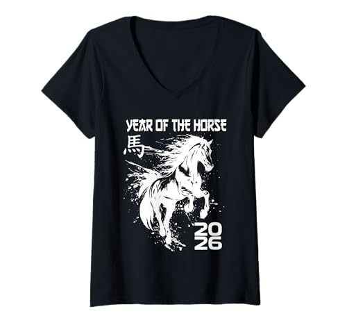 Damen Chinesisches Pferd 2026 Jahr des Pferdes 2026 T-Shirt mit V-Ausschnitt von Chinese New Year 2026 - Year of the Horse