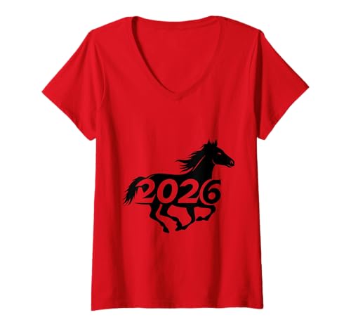 Damen Jahr des Pferdes Chinesisches Mondfest 2026 T-Shirt mit V-Ausschnitt Damen Jahr des Pferdes Chinesisches Mondfest 2026 T-Shirt mit V-Ausschnitt von Chinese New Year Red Envelopes Decorations