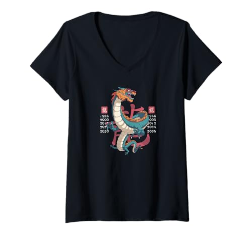 Damen Mystisches chinesisches Sternzeichen Jahr des Drachen T-Shirt mit V-Ausschnitt Damen Mystisches chinesisches Sternzeichen Jahr des Drachen T-Shirt mit V-Ausschnitt von Chinese Zodiac Year of the DRAGON