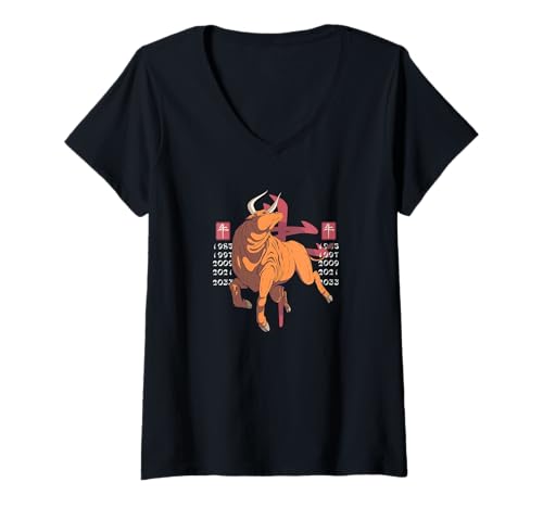 Damen Mystisches chinesisches Sternzeichen Jahr des Ochsen T-Shirt mit V-Ausschnitt Damen Mystisches chinesisches Sternzeichen Jahr des Ochsen T-Shirt mit V-Ausschnitt von Chinese Zodiac Year of the OX