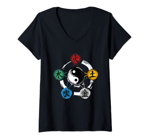 Damen Qigong Fünf Elemente Tai Chi Meditation Ying & Yang T-Shirt mit V-Ausschnitt Damen Qigong Fünf Elemente Tai Chi Meditation Ying & Yang T-Shirt mit V-Ausschnitt von Chinesische Tradition Qi Gong