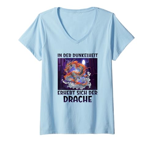 Damen In Der Dunkelheit Erhebt Sich Der Drache Drache Drachen T-Shirt mit V-Ausschnitt von Chinesischer Drache Mystery Dragon Japan Drache